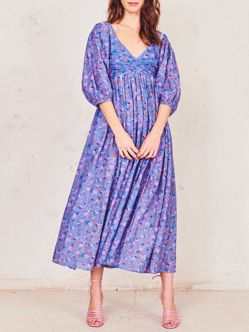 LoveShackFancy Roslyn Floral Puff Sleeve Midi Dress Blue/purple Size 0